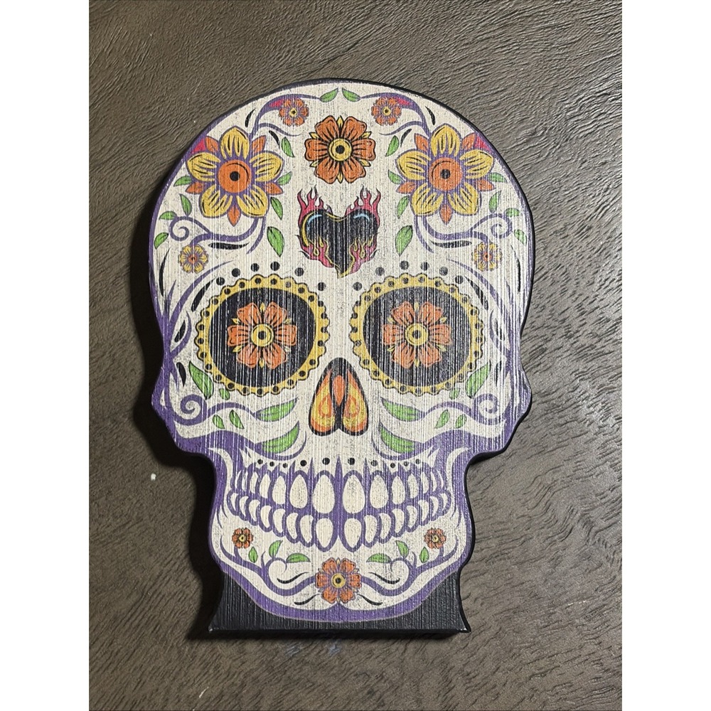 Quill To Paper By Sixtrees Wooden Sugar Skull Day Of The Dead Decor Piece 8"
